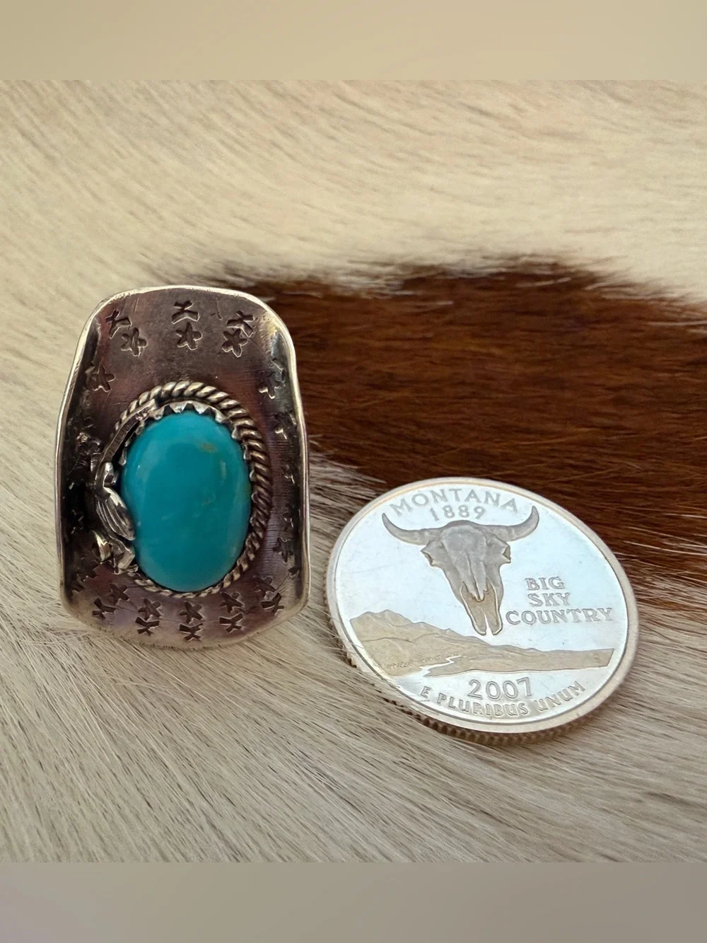 ❤️ Kingman Turquoise Cowgirl Cowboy Hat Hand Stamped Sterling 925 Ring Sz 6.25